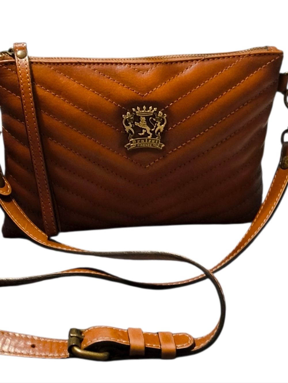 Pratesi Firenze Quilted Italian Leather Crossbody Clutch in Cognac Brown - Picture 6 of 9